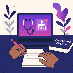 Point-of-view illustration of hands writing on a notepad beside a laptop displaying a stethoscope and X-ray icons, with a “Healthcare Course” book to the side—rendered in crisp purple-pink brand colours to represent Free Online Healthcare Courses.