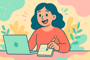 Cartoon-style illustration of a smiling woman studying Free Online Health and Safety Courses with Certificates UK on a laptop while writing notes, surrounded by colourful abstract leaves