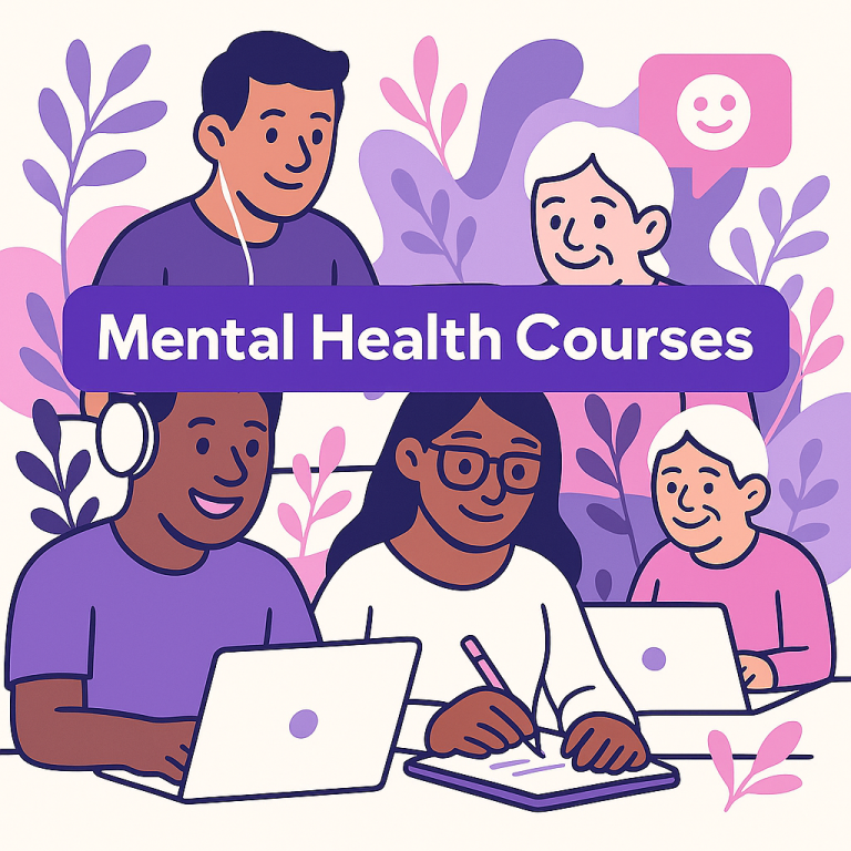Five diverse adults sit at home with laptops and notepads under a “Mental Health Courses” banner, illustrating Free Online mental health Courses.
