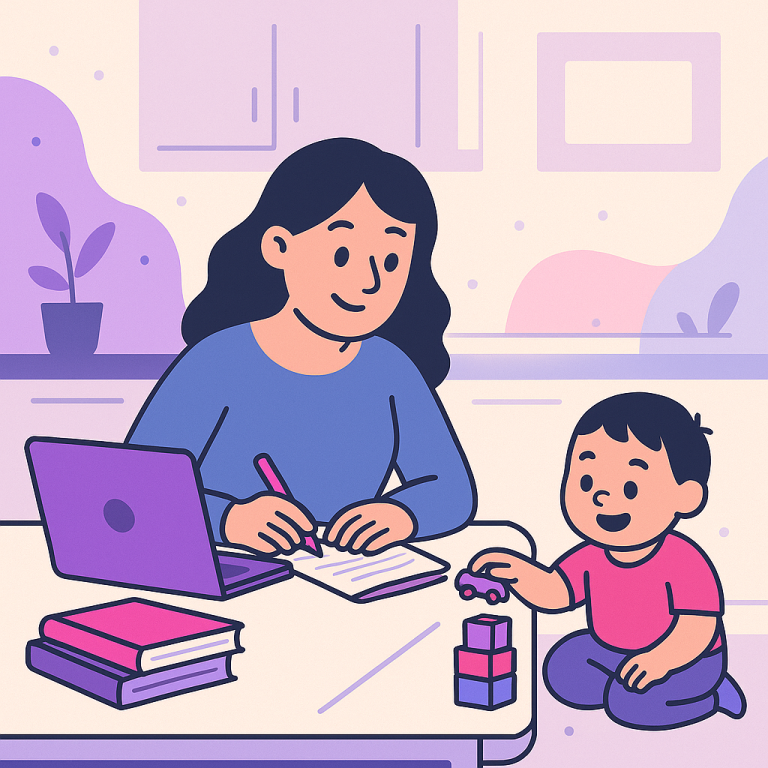 A flat-style illustration of a mother studying at her kitchen table with a laptop and notes while her child plays nearby, representing Free Online childcare training Courses benefits.