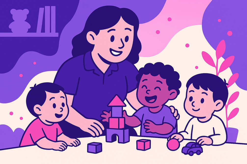 A smiling childcare worker engaging children in structured play in a nursery, highlighting Free Online childcare training Courses.