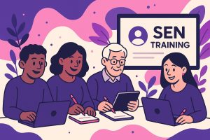 Illustration of four adult learners of diverse backgrounds using laptops and tablets in Free Online SEN Courses.